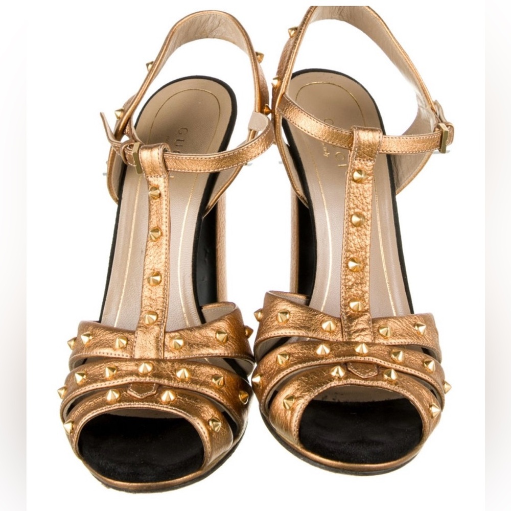 Gucci Metallic Gold Studded T-Strap Sandals